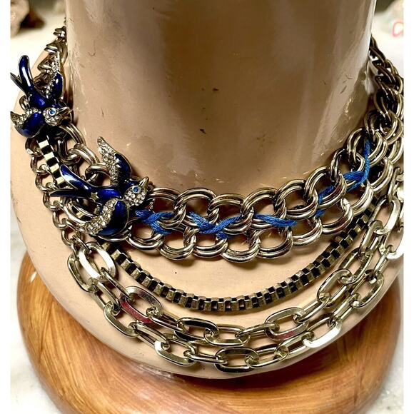 Betsy Johnson SWALLOW BIRD BLUE Pendant Gold Color Necklace Multi Chain Woven - Picture 6 of 8